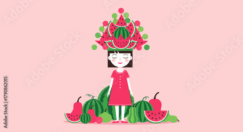 A Young Girl With a Watermelon Crown Surrounded by A Variety of Fruits
