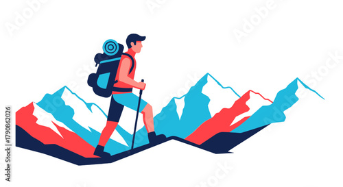 Adventurer Ascending Mountain Range Reaching the Summit Illustrated on Black Background