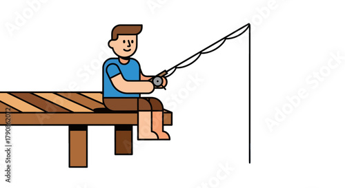 A Young Man Enjoying Fishing Alone On A Wooden Dock With A Minimalist Vector Style