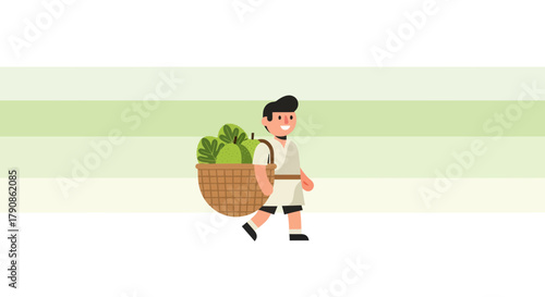 A Young Man Carrying a Basket Of Freshly Harvested Fruit In The Countryside