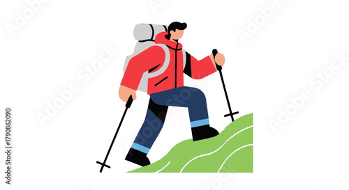 Adventurer Ascends A Hill With Hiking Poles And Backpack In A Vector Illustration
