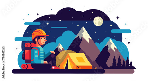 Adventurer Camping Under The Stars With Tent And Mountains In The Wilderness