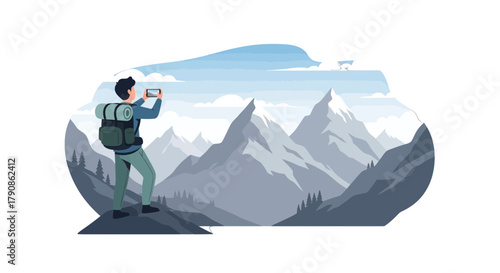 Adventurer Capturing Mountain Vista with Smartphone in Picturesque Natural Landscape Scenery