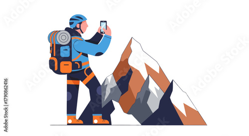 Adventurer Capturing Mountain View: Modern Illustration Depicting Tourism and Technology