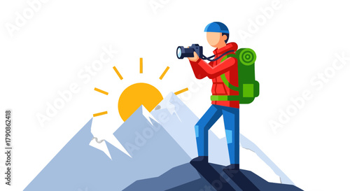 Adventurer Capturing Mountain View with Camera During Sunrise in Bright, Bold Illustration