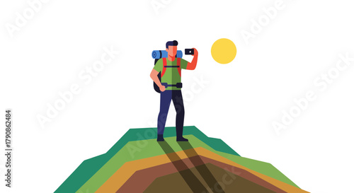 Adventurer Capturing Scenic Vista with Phone Under Night Sky After Reaching Summit Victory