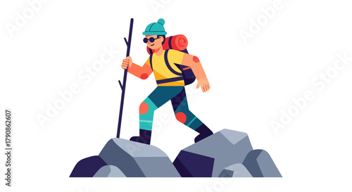 Adventurer Climbing Over Rocks Towards New Opportunities on a Dark Background