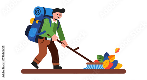 Adventurer Clearing Colorful Leaves in Autumn, Harvesting the Beauty of Nature
