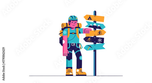 Adventurer Choosing Destination With Directional Signs Isolated On Black Background