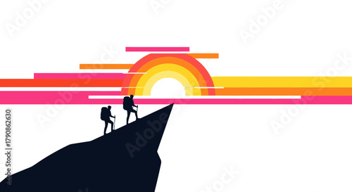 Abstract Hikers Ascending Mountain Peak Against a Retro Style Colorful Sunset