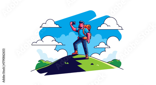 Adventurer Capturing Scenic Vista with Phone on Mountain Top Under a Blue Sky