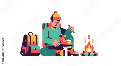 Adventurer Cleans Boots By Campfire Under the Moonlight on the Dark Background