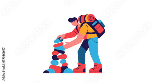 Adventurer Constructing Rock Cairn Symbolizing Journey And Personal Accomplishment