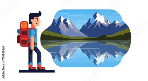 Adventurer Contemplates Majestic Mountain Landscape Reflected in Tranquil Lake Waters