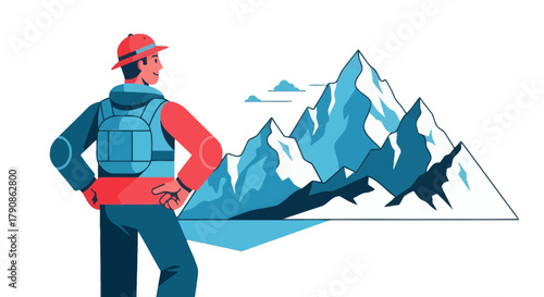 Adventurer Contemplating Majestic Peaks Under Cloudy Skies In A Graphic Style