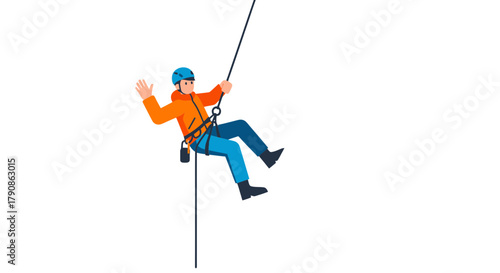Adventurer Descending A Rope Against A Black Background With Protective Gear