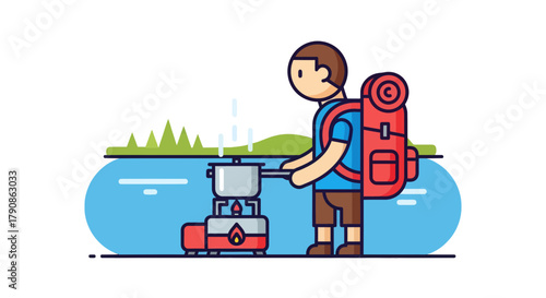 Adventurer Cooking Outdoors Over a Portable Stove Near a Tranquil Lake Landscape