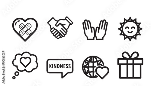 Collection of icons representing kindness and positive concepts