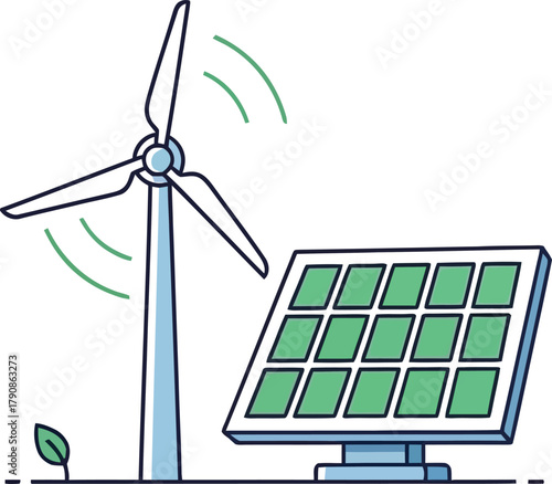Illustration of wind turbine and solar panel, representing renewable energy sources for sustainable power generation