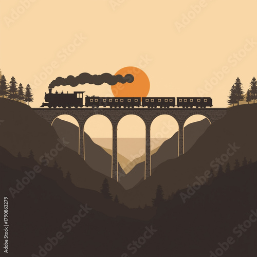 Vintage train journey at sunset evokes nostalgia on an arched bridge setting