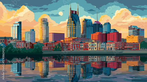 Cityscape of Nashville, city of USA, attractive touristic advertisement poster, beautiful touristic must-see destination. Beautiful tourist destination in USA. Big city with in Tennessee.