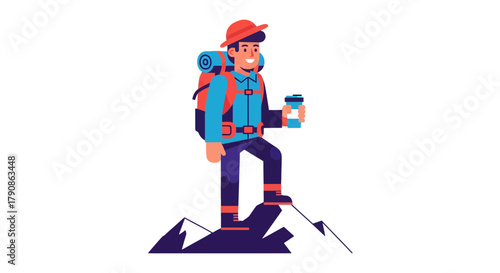 Adventurer Enjoying Coffee Reaching Summit With Backpack Against Black Background
