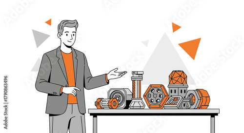 Illustration of a man presenting 3D printed mechanical parts on a table with geometric shapes