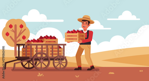 Abundant Harvest: A Farmer Proudly Displays Ripe Fruits From Orchard And Cart