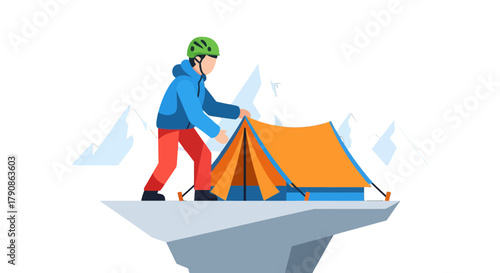 Adventurer erecting a mountain tent with a stunning background in the great outdoors setting