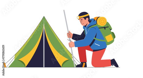 Adventurer Erecting Tent At Night In The Wilderness Ready For Outdoor Camping