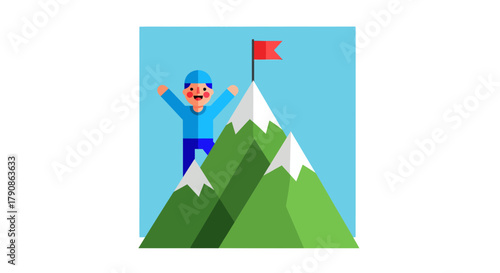 Achievement Illustration Depicting Success, Victory and Triumph Reaching the Summit Flag