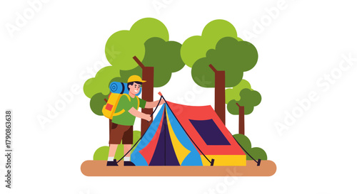 Adventurer Erecting Colorful Tent In Wilderness Forest For Memorable Outdoor Trip