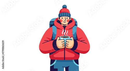 Adventurer Enjoying Warm Beverage: Vector Illustration Depicting Winter Outdoor Pursuit