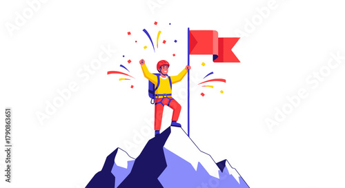 Achieving Peak Success Illustration: Climber on a Mountain Celebrating Victory with Flag