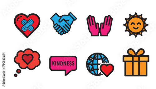 Collection of icons representing kindness and positive concepts