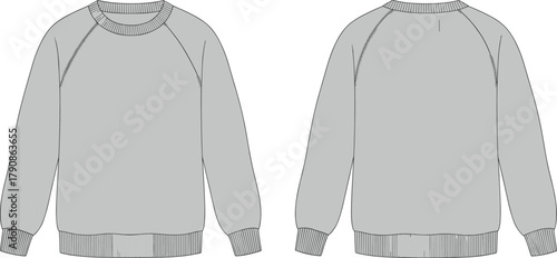 Sweatshirt front and back flat sketch, raglan sleeve crew neck pullover with ribbed cuffs hem neckline, apparel technical drawing cad vector