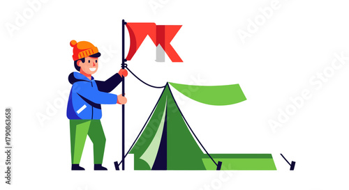 Adventurer Erecting Tent And Celebrating Victory, Flat Illustration on Black Background
