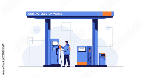Illustration of a man refueling his vehicle at a contactless payment gas station