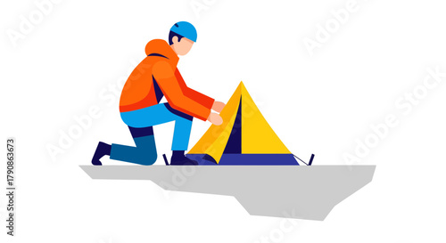 Adventurer Erecting A Tent, Exploring The Outdoors For Camping And Recreational Activity