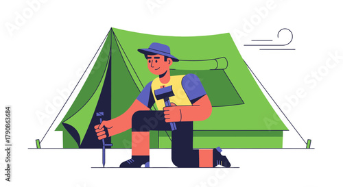 Adventurer Erecting Tent, Camping Outdoors with Hammer and Stakes during Sunny Day