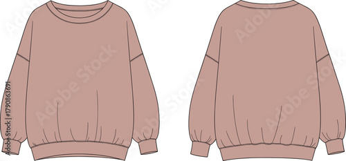 Sweatshirt front and back flat sketch, oversized crew neck pullover with ribbed cuffs hem neckline, apparel technical drawing template, cad drawing flat vector
