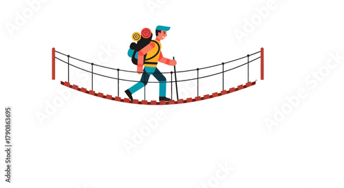 Adventure Seeker Navigating Suspension Bridge Illuminated Against Black Background