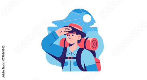 Adventurer Gazing Towards The Horizon in a Nature Scene with a Backpack and Sunshine