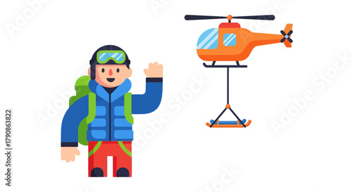 Adventurer Greeting Near A Rescue Helicopter Ready For Emergency Operations