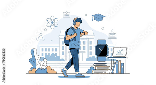 Illustration of a modern student wearing a smartwatch on a digital education background