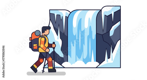 Adventurer Hikes Near Snowy Waterfall in Vector Illustration with Black Background