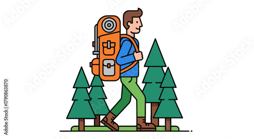 Adventurer Hikes Through Forest: Hiking, Nature, And Backpacking Illustration