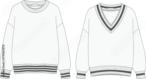 Striped ribbed sweaters technical flat sketch, crewneck and V-neck designs, long sleeve knitwear vector illustration, preppy collegiate styling, comparison, flavector
