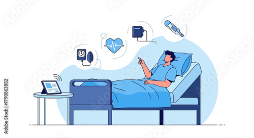Illustration of a patient using telemedicine in a hospital bed with monitoring devices