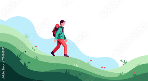 Adventurer Hiking Through Scenic Hills, Capturing The Spirit Of Exploration, Alone